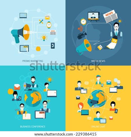 Business communication icons set with promo marketing media news conference online chat isolated vector illustration Business communication icons set with promo marketing media news conference online chat isolated vector illustration