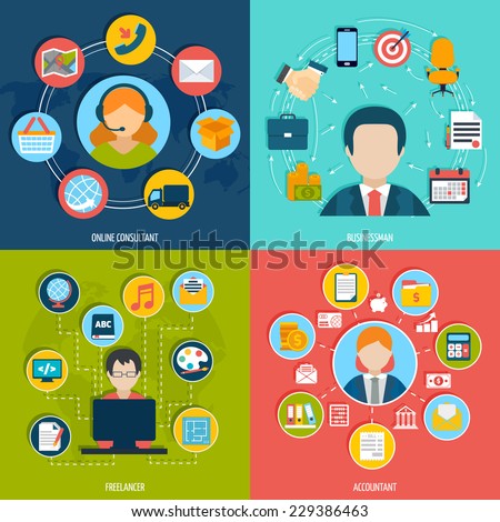 People professions flat icons set with online consultant businessman freelancer accountant isolated vector illustration