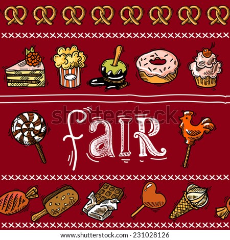 Fair holiday sketch border with sweet food dessert pastry vector illustration