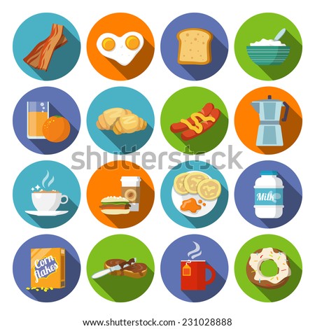 Breakfast fresh food and drinks flat icons set with coffee donut fruit juice tea cup isolated vector illustration
