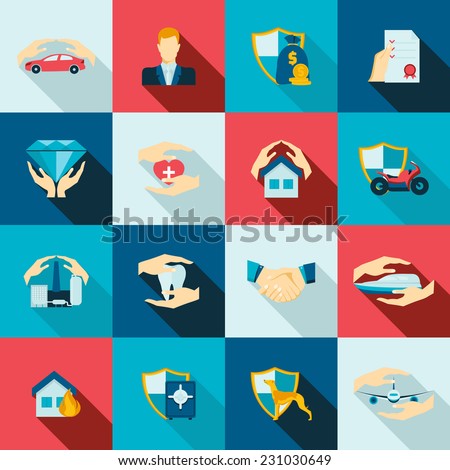 Insurance security icons flat set of life safety disaster events isolated vector illustration Insurance security icons flat set of life safety disaster events isolated vector illustration