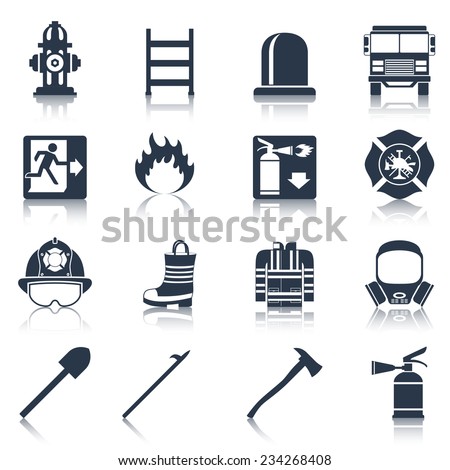 Firefighter black icons set with flame extinguisher emergency siren isolated vector illustration