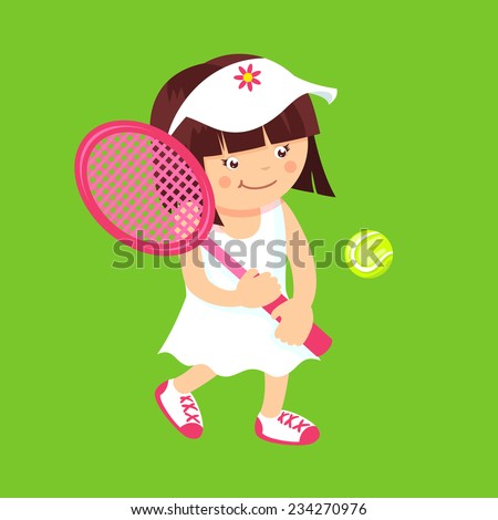 Girl kid with sport tennis racquet and ball isolated on green background vector illustration.