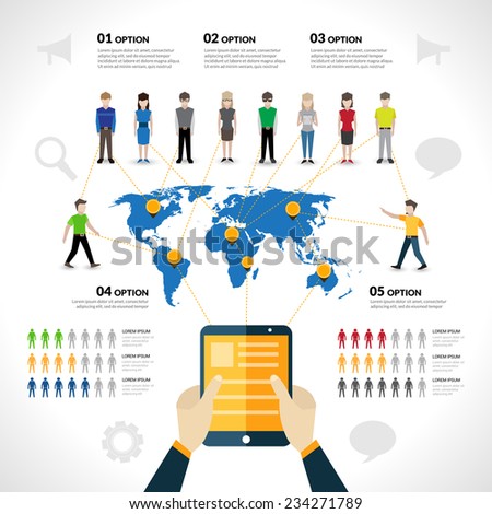 Social network infographics set with people avatars options and world map vector illustration Social network infographics set with people avatars options and world map vector illustration