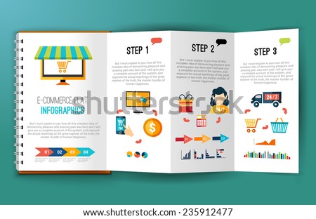 Online shopping e-commerce flat infographics on folded notebook page vector illustration