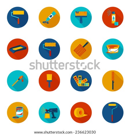 Painting house work painter tools icons colored set with spray tray bucket isolated  illustration