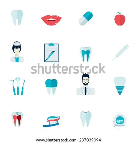 Dental health and caries teeth healthcare instruments dent protection flat icons set isolated  illustration