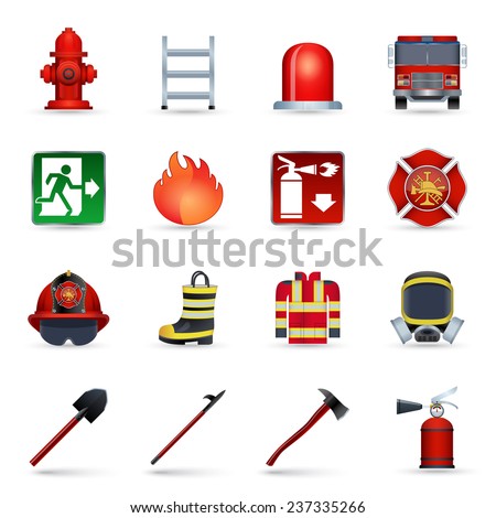 Firefighter realistic icons set with axe helmet emblem mask isolated vector illustration