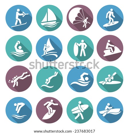 Water sports white icons set with diving sailing windsurfing people isolated  illustration