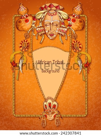 African sketch colored background with tribal mask amulets and religion symbols vector illustration.