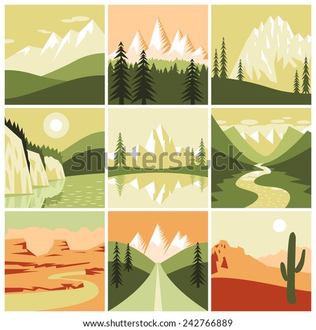 Nature mountain landscapes tourism decorative icons set isolated vector illustration