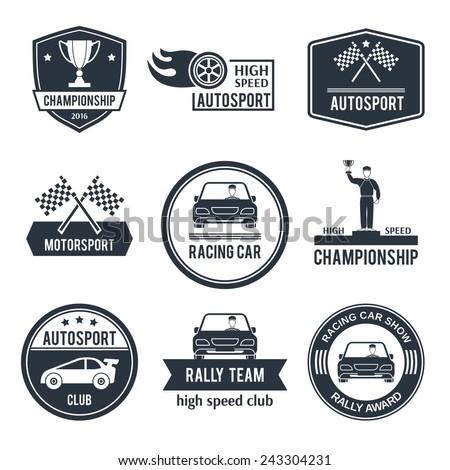 Auto sport black label set with championship motorsport racing car emblems isolated vector illustration