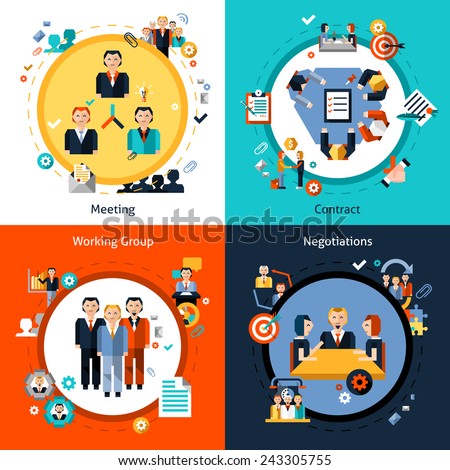 Business meeting design concept set with meeting contract working group negotiations flat icons isolated vector illustration