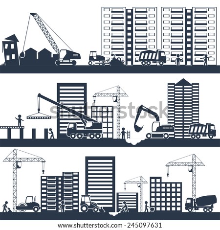Construction industrial composition black with building machinery and people working vector illustration