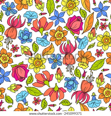Flowers summer fashion plant romantic floral seamless pattern colored vector illustration