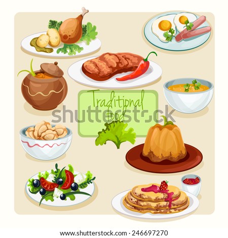 Traditional food dishes set with greek salad fried eggs chicken leg isolated vector illustration
