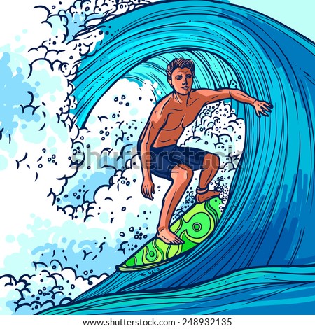 Surfer man on surfboard on wave adventure extreme sport background vector illustration
