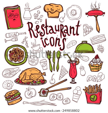 Bar restaurant food dishes doodle sketch icons composition with salmon sushi and cupcakes dessert abstract vector illustration