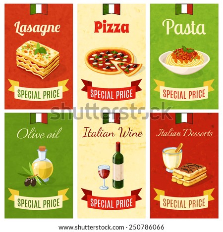 Italian food mini poster set wtih lasagne pizza pasta olive oil wine dessert isolated vector illustration