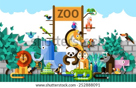 Zoo background with colorful paper african jungle animals and birds vector illustration