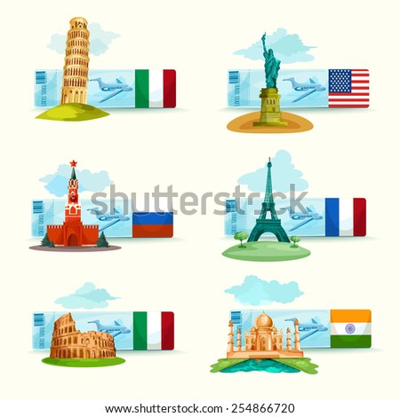 World landmarks airplane tickets set with famous tourism attractions isolated vector illustration