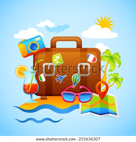 Vacation and tourism concept with suitcase and travel and recreation icons vector illustration