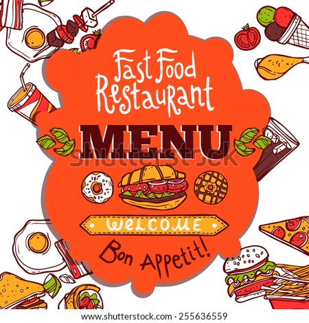 Fast food restaurant colored menu with sketch dishes drinks and French text for enjoy your meal vector illustration
