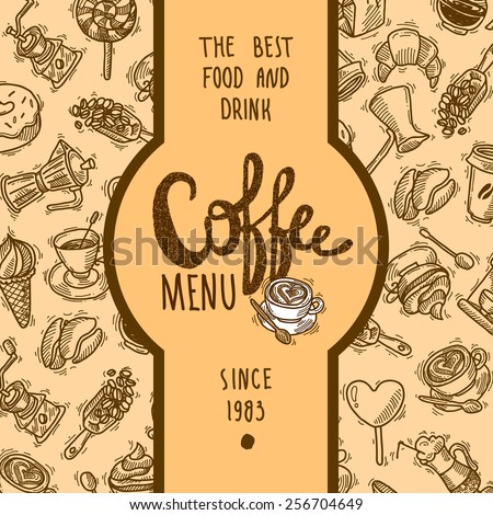 Coffee menu label with drink cups mugs and dessert on background vector illustration