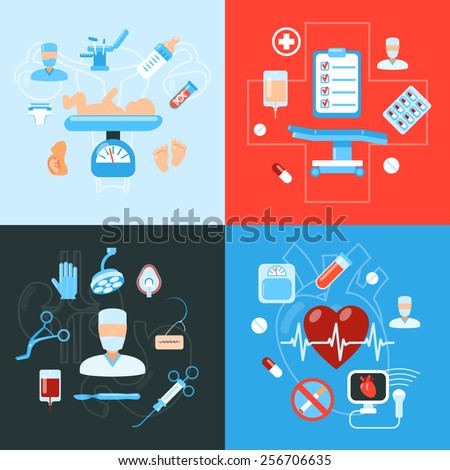 Medical hospital surgery flat icons composition of baby birth and heart rate monitoring abstract isolated vector illustration Medical hospital surgery flat icons composition of baby birth and heart rate monitoring abstract isolated vector illustration