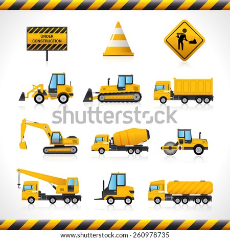 Construction machines decorative icons set with bulldozer excavator loader isolated vector illustration