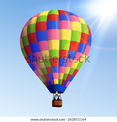 Realistic colorful striped flying air balloon with basket with blue sky background vector illustration