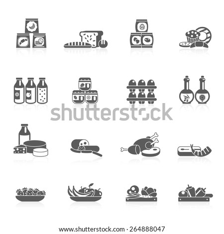 Supermarket food grocery market icons black set with sweets fish fruits isolated vector illustration