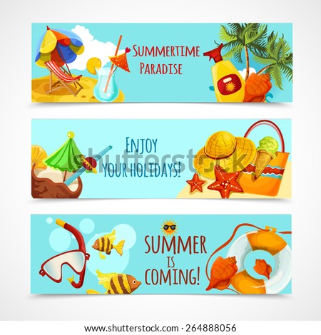 Summer holidays horizontal banners set with recreation elements isolated vector illustration