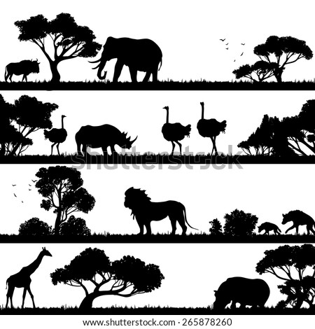 African landscape with trees and wild animals black silhouettes vector illustration