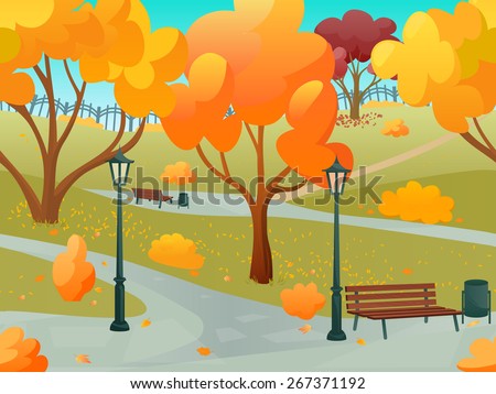 Autumn park 2d game landscape with orange leaf trees flat vector illustration