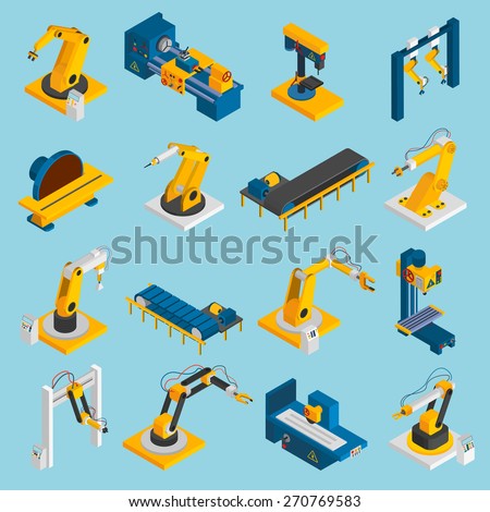 Isometric robot machinery remote mechanical operators 3d icons set isolated vector illustration