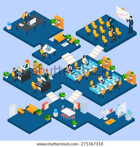 Multistory office isometric with business people and interior 3d icons vector illustration