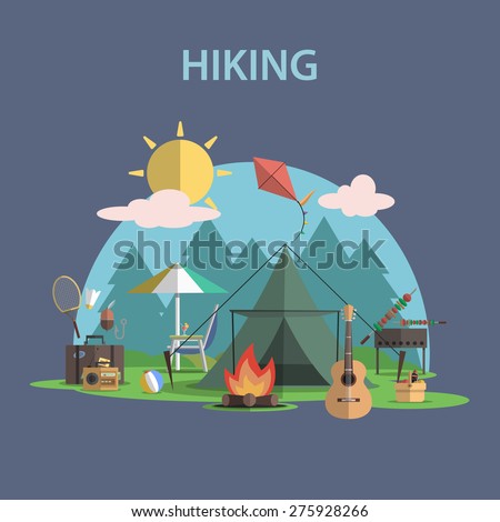 Hiking and outdoor recreation concept with flat camping travel icons vector illustration