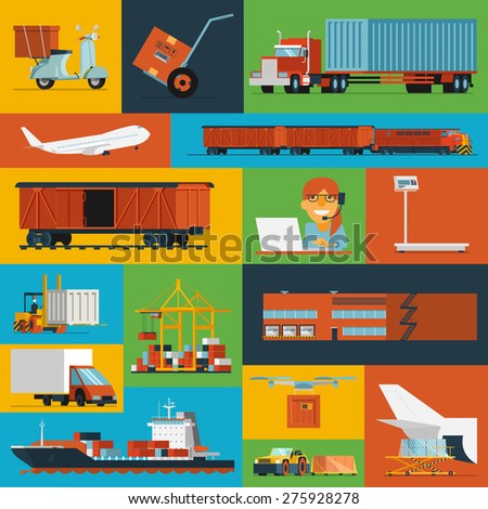 Freight transportation and delivery logistics flat icons set with  international operator complex service  abstract isolated vector illustration