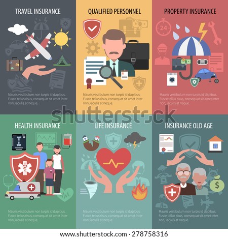 Insurance mini poster set with travel property old people health protection isolated vector illustration