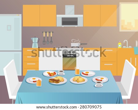 Table with served breakfast food and drinks flat vector illustration