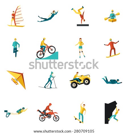 Extreme sports flat icons set with kite cycling rowing isolated vector illustration