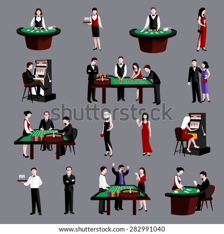 Young attractive people in casino gambling flat icons set isolated vector illustration