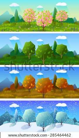 Alpine meadow landscape of the four seasons 4 horizontal banners set abstract isolated vector illustration