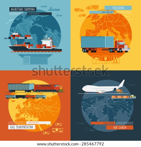 Logistic maritime shipping and air cargo transportation worldwide 4 flat icons composition banner abstract isolated vector illustration