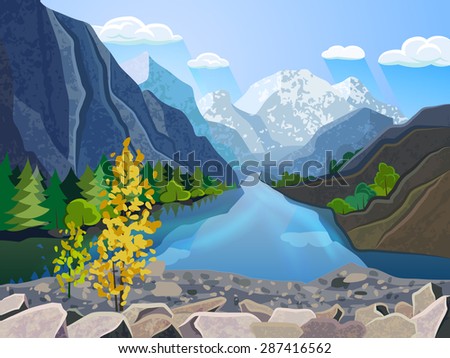 Quality landscape wallpaper summer mountain range with river and golden tree  picturesque poster print abstract vector illustration