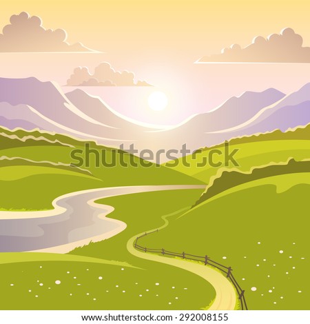 Mountain landscape background with river road and meadow flat vector illustration