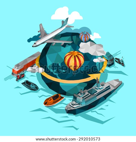 Transportation by air water and ground around the world concept isolated vector  illustration