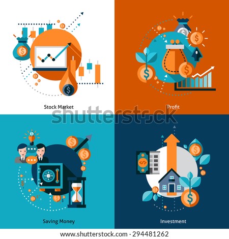Investment design concept set with money saving and stock market profit flat icons isolated vector illustration