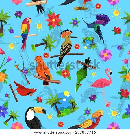 Exotic bird colorful seamless pattern with toucan flamingo and arara vector illustration